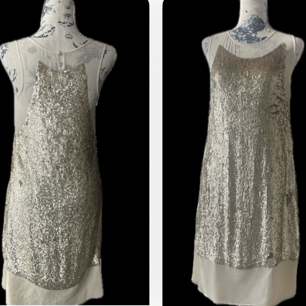 GRYPHON NEW YORK | S | Champagne Gold Sequin Sheer Illusion Shift Dress